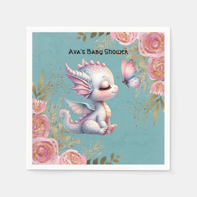 Pink Gold Floral Dragon Butterfly Girl Babydusche Serviette (Vorderseite)