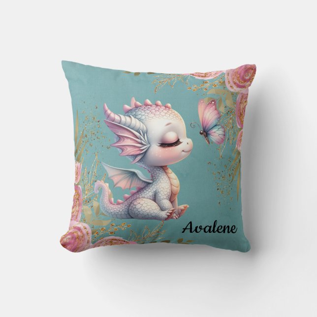 Pink Gold Floral Dragon Butterfly Girl Geschenk Kissen (Vorderseite)