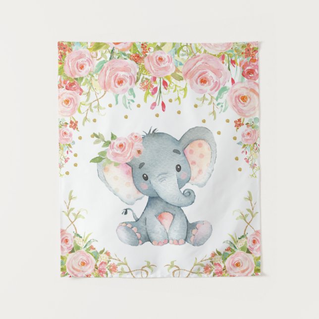 Pink Gold Floral Elephant Kinderzimmer Baby Girl D Wandteppich (Vorderseite)