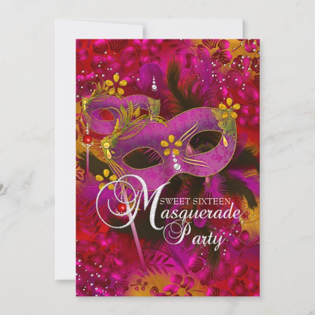 Pink Gold Floral Masquerade Sweet 16 Einladung (Vorderseite)