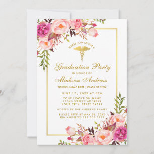 Pink Gold Floral Médicale Grad Party Invitation