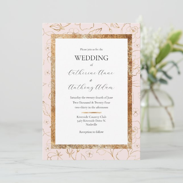 Pink Gold Floral Moderne Hochzeit Einladung (Stehend Vorderseite)