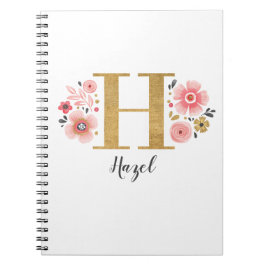 Pink Gold Floral Monogram Letter H Notizblock