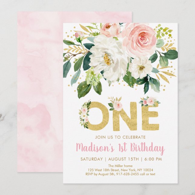 Pink Gold Floral première invitation anniversaire (Devant / Derrière)