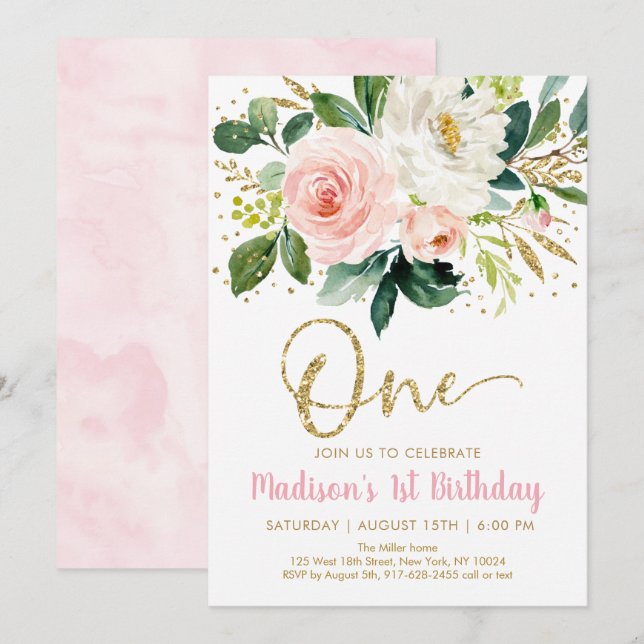 Pink Gold Floral première invitation anniversaire (Devant / Derrière)