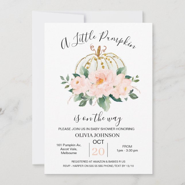 Pink Gold Floral Pumpkin Baby Dusche Einladung (Vorderseite)