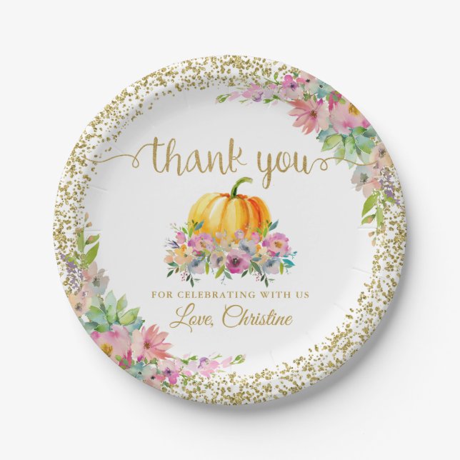 Pink Gold Floral Pumpkin Fall Party Vielen Dank Pappteller (Vorderseite)