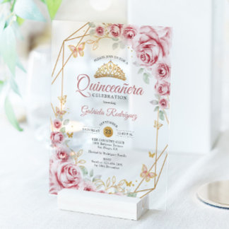 Pink Gold Floral Quinceanera Acryleinladungen