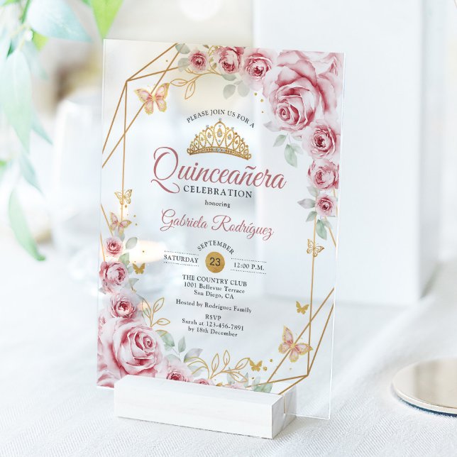 Pink Gold Floral Quinceanera Acryleinladungen (Von Creator hochgeladen)