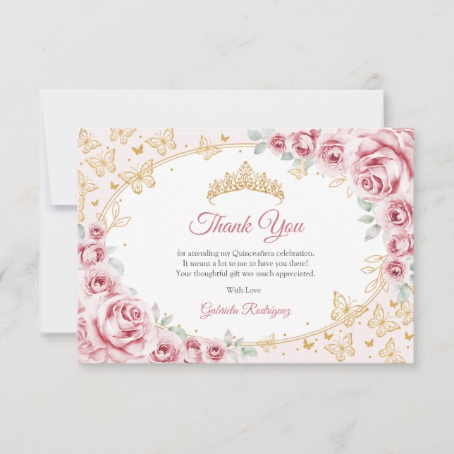 Pink Gold Floral Quinceanera Dankeskarte (Vorderseite)