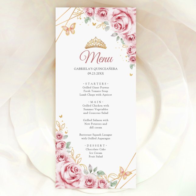 Pink Gold Floral Quinceanera Menükarte (Von Creator hochgeladen)