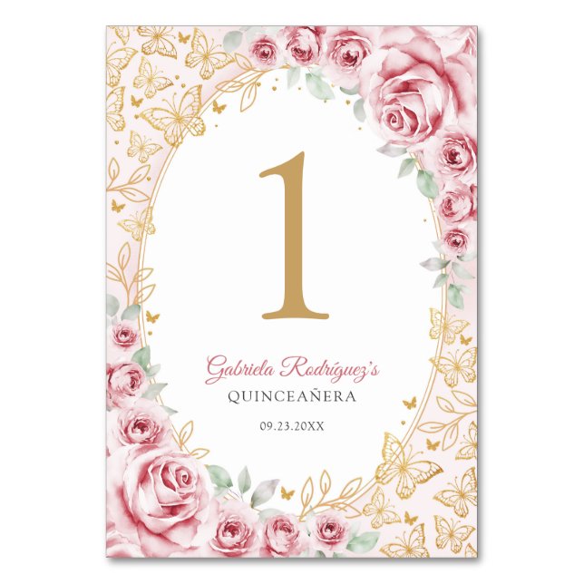 Pink Gold Floral Quinceanera Tischnummer (Vorderseite)