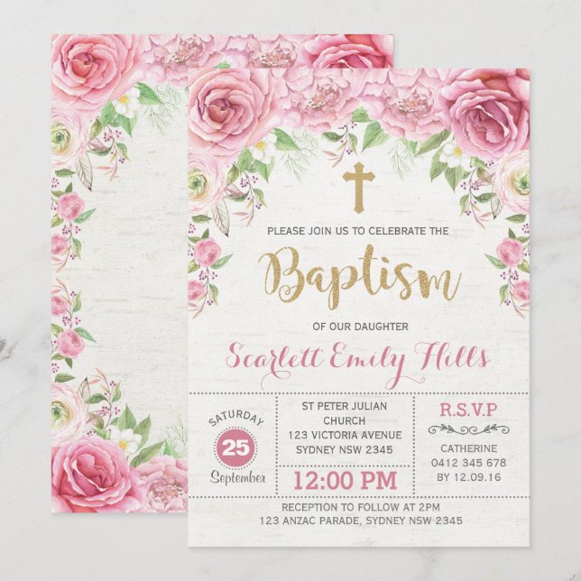 Pink Gold Floral Rose Girl Taufe Einladung (Vorne/Hinten)