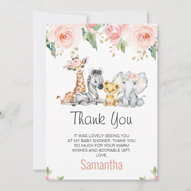 Pink Gold Floral Safari Baby Dusche Danke Karte (Vorderseite)