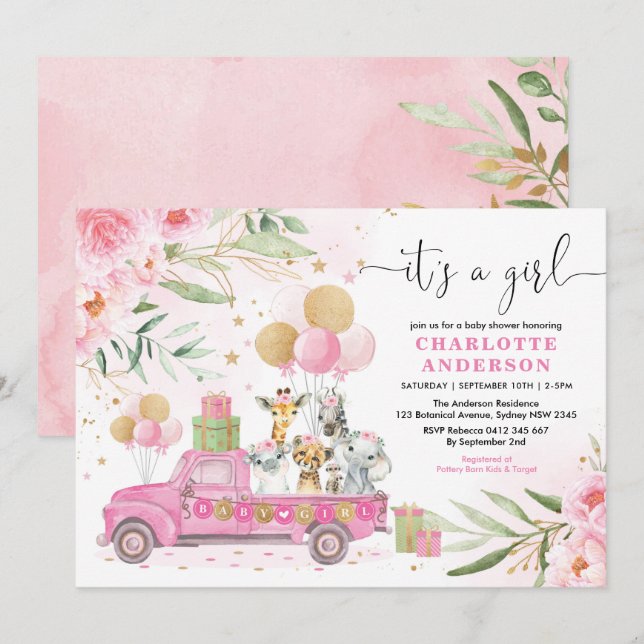Pink Gold Floral Safari Tiere Girl Baby Dusche Einladung (Vorne/Hinten)