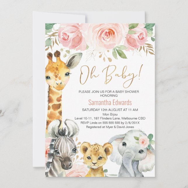 Pink Gold Floral Safari Tiere Kinderdusche Einladung (Vorderseite)