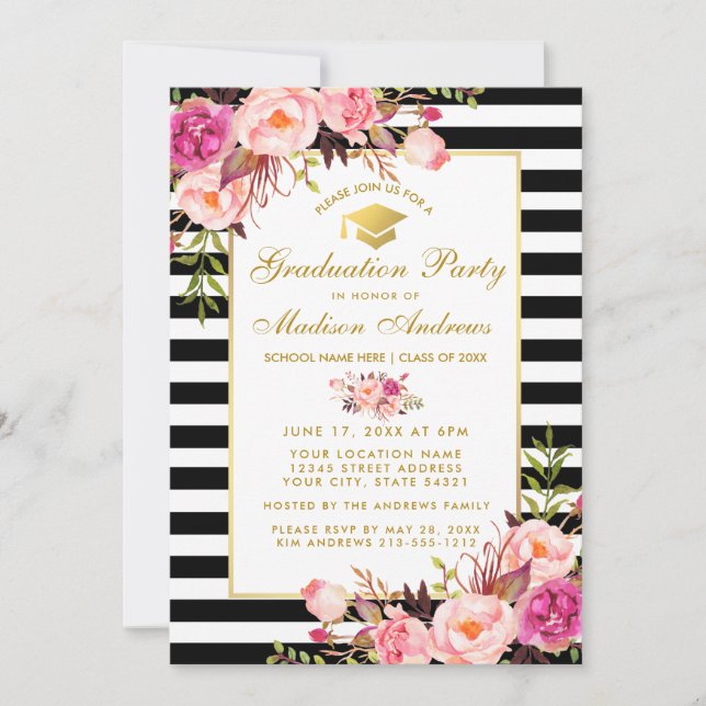 Pink Gold Floral Striped Graduation Party Einladun Einladung (Vorderseite)