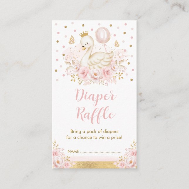 Pink Gold Floral Swan Princess Diaper Raffle Baby Begleitkarte (Vorderseite)