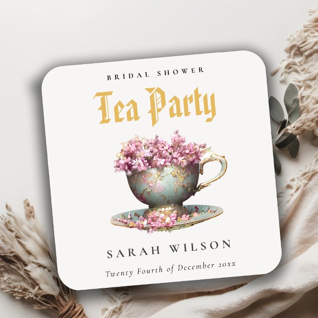 Pink Gold Floral Teacup Brautparty Teezeremonie Pa Rechteckiger Pappuntersetzer (Von Creator hochgeladen)