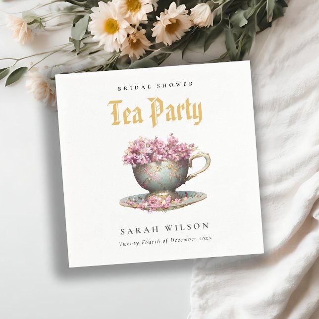 Pink Gold Floral Teacup Brautparty Teezeremonie Pa Serviette (Von Creator hochgeladen)