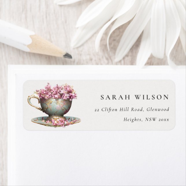 Pink Gold Floral Teacup Tee Party Adresse (Insitu)