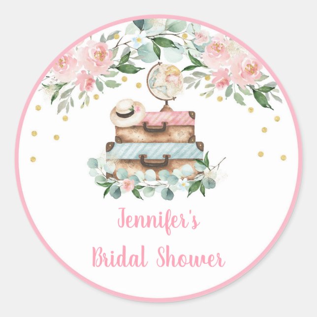 Pink Gold Floral Travel Brautparty Runder Aufkleber (Vorderseite)