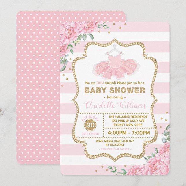Pink Gold Floral Tutu Ballerina Girl Babydusche Einladung (Vorne/Hinten)