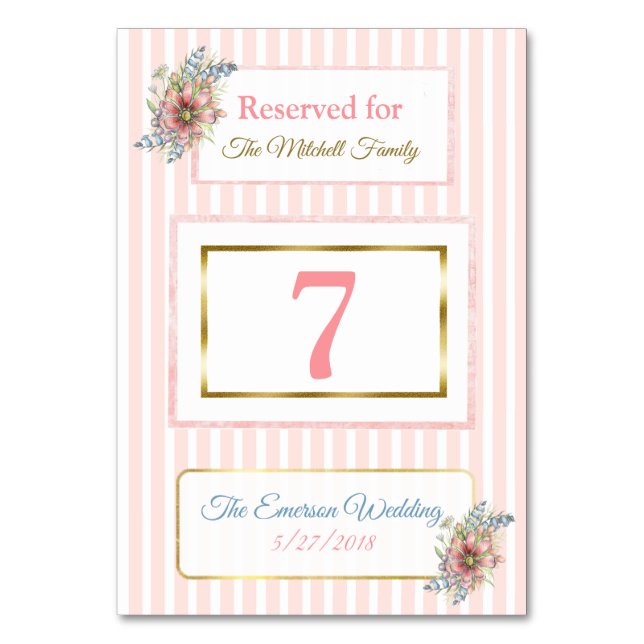 PInk Gold Floral Wedding Tischnummer Card (Vorderseite)
