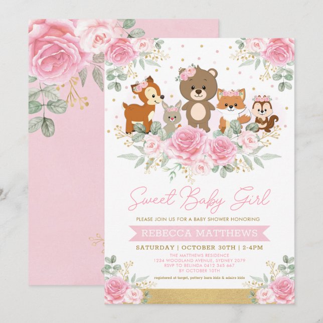 Pink Gold Floral Woodland Animals Kinderdusche Einladung (Vorne/Hinten)
