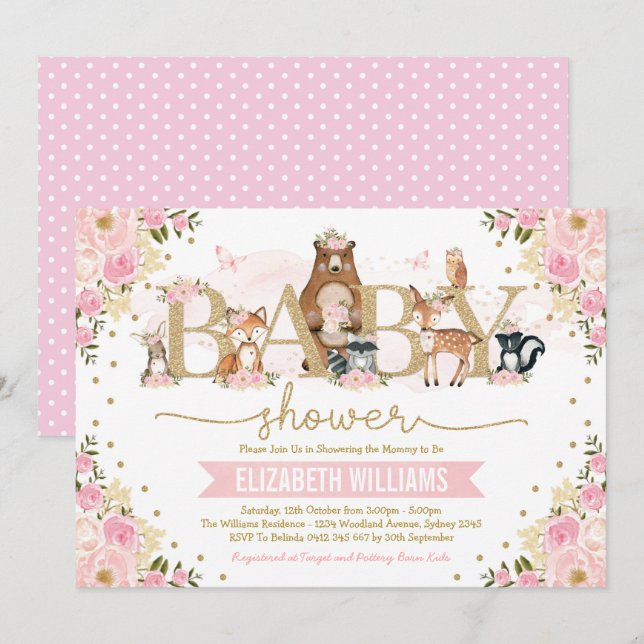 Pink Gold Floral Woodland Tiere Mädchen Kinderdusc Einladung (Vorne/Hinten)