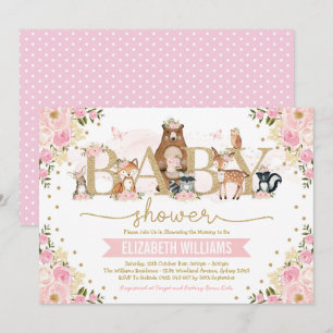 Pink Gold Floral Woodland Tiere Mädchen Kinderdusc Einladung
