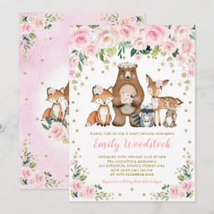 Pink Gold Floral Woodland Tiere Mädchen Kinderdusc Einladung