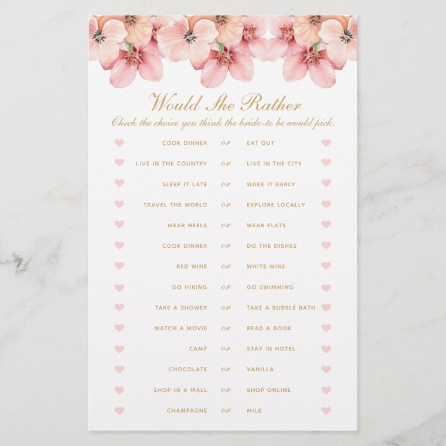 Pink Gold Floral Would She Rather Game Flyer (Vorne)
