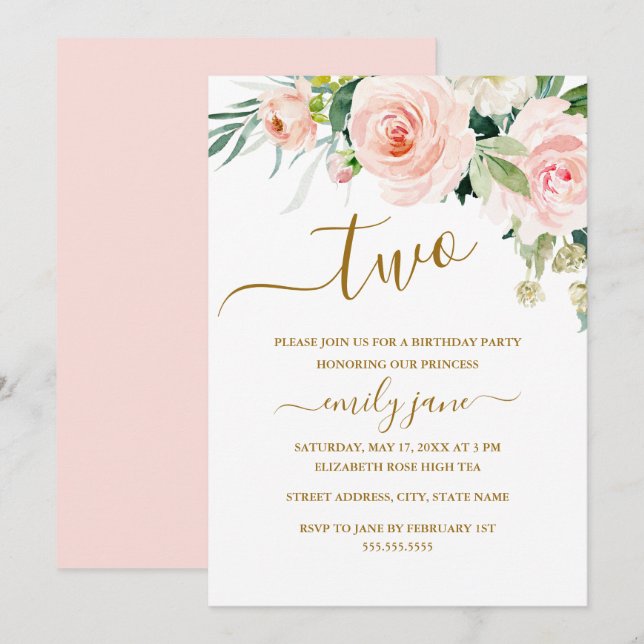 Pink Gold Floral Zweites Party Einladung (Vorne/Hinten)
