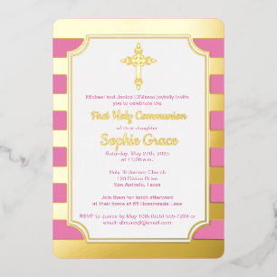 Pink, Gold Foil Stripe 1er Invitation de communion