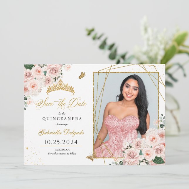 Pink & Gold Fotokarte Quinceañera Save the Date Einladung (Stehend Vorderseite)