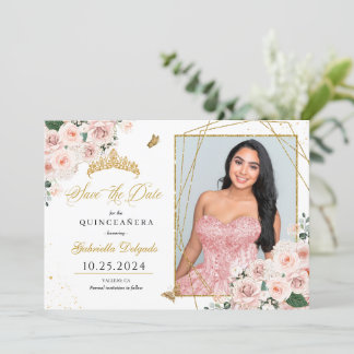 Pink & Gold Fotokarte Quinceañera Save the Date Einladung