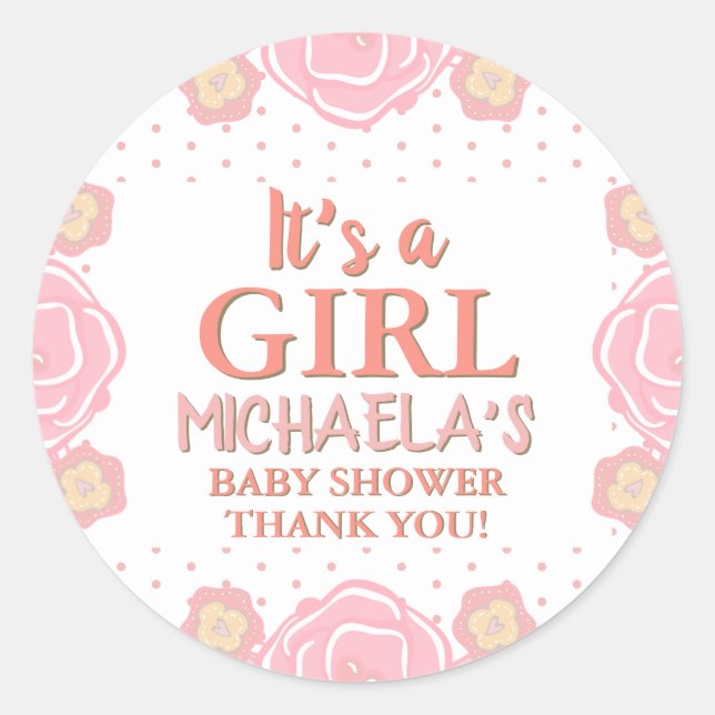 Pink Gold Girl Baby Dusche Niedliche Blume Runder Aufkleber (Vorderseite)