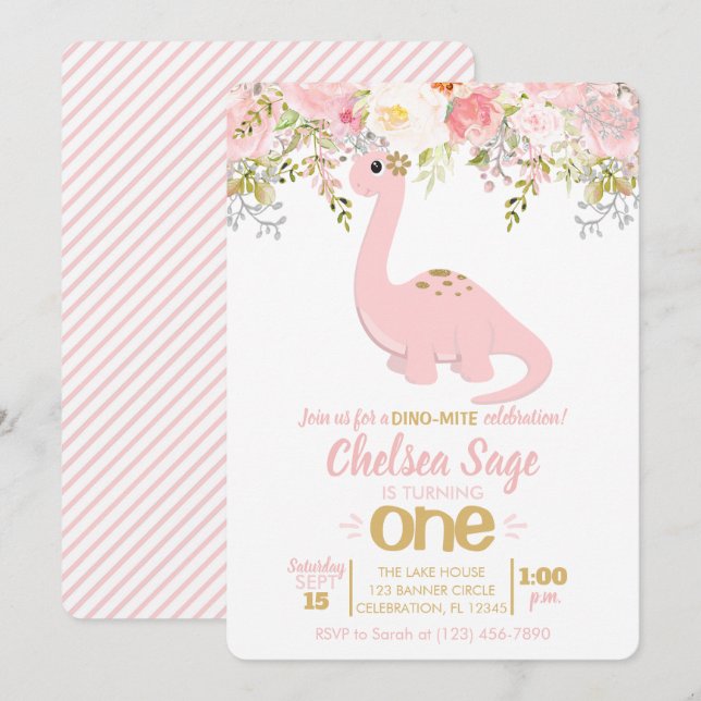 Pink & Gold Girl Dinosaurier Floral Geburtstag Einladung (Vorne/Hinten)