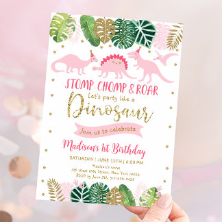Pink & Gold Girl Dinosaurier Geburtstag Einladung