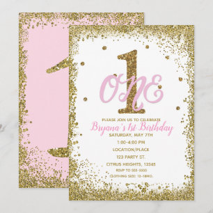 Pink & Gold Girls EIN 1. Geburtstagsfeier Einladung