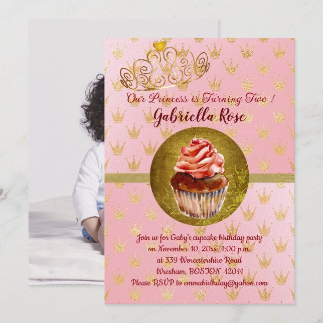 Pink & Gold Girl's Photo Birthday Party Invitation (Devant / Derrière)