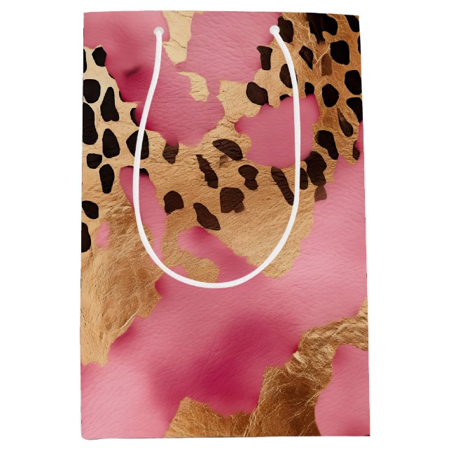Pink Gold Glam Leopard Mittlere Geschenktüte (Vorderseite)
