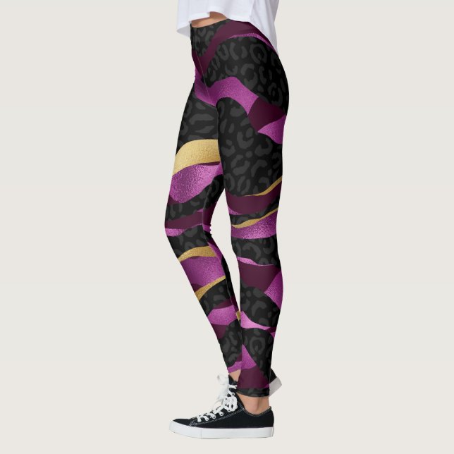 Pink Gold Gliter und Black Leopard Yoga Leggings (Links)