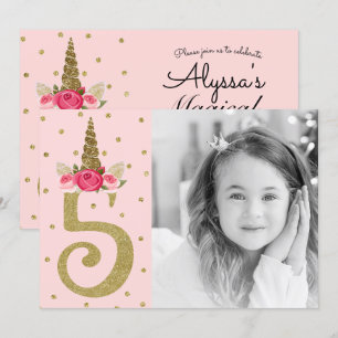 Pink Gold Glitter Einhorn 5 5. Geburtstagsfeier Einladung