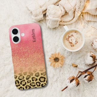 Pink Gold Glitter Leopard Print Monogrammed Name iPhone 16 Hülle
