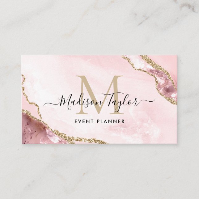 Pink Gold Glitzer Agate Monogram Event Plane Visitenkarte (Vorderseite)