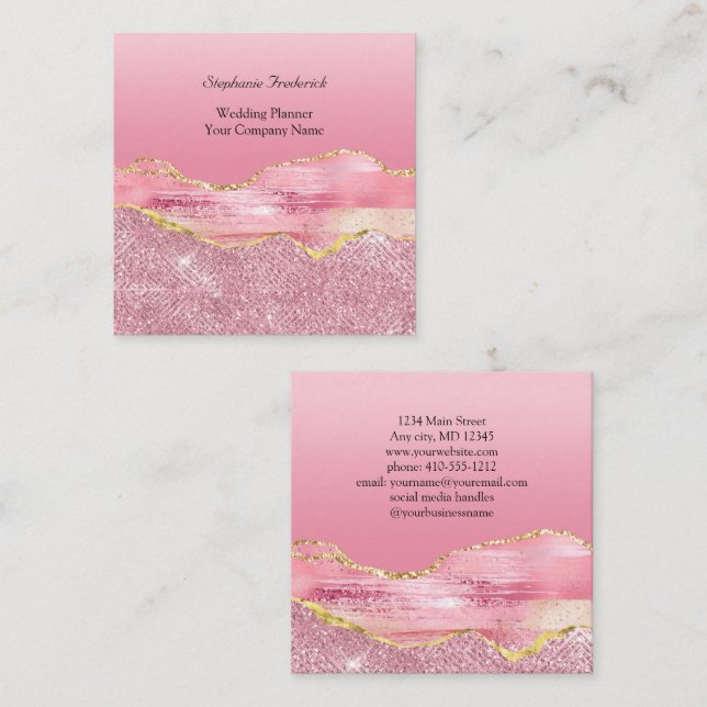 Pink Gold Glitzer Agate Trendy Small Business Quadratische Visitenkarte (Vorne/Hinten)