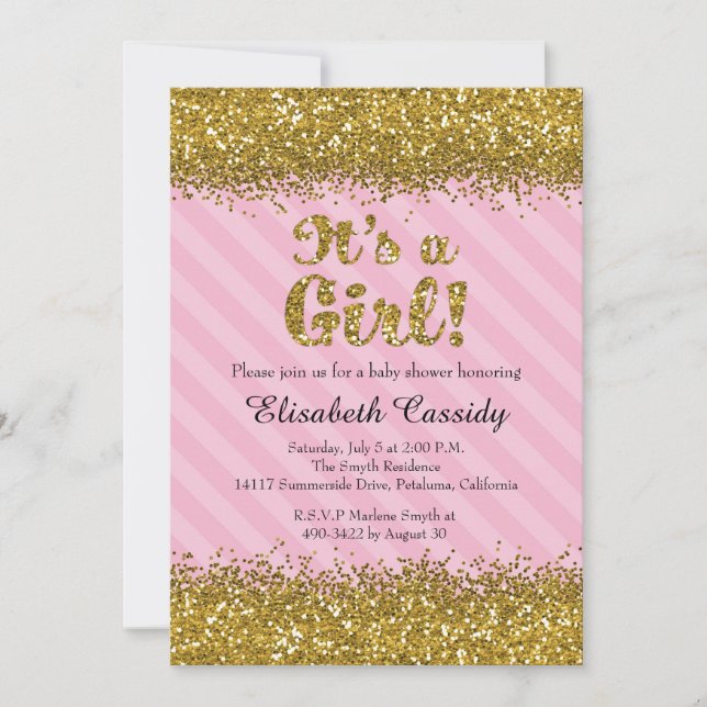 Pink & Gold Glitzer Baby Girl Dusche Einladung (Vorderseite)