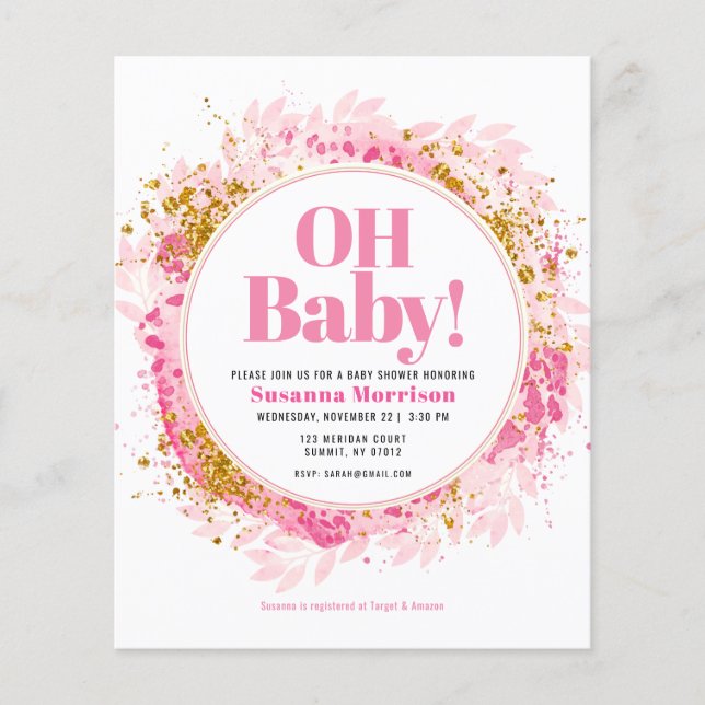 Pink Gold Glitzer Baby Girl Dusche Einladung (Vorderseite)